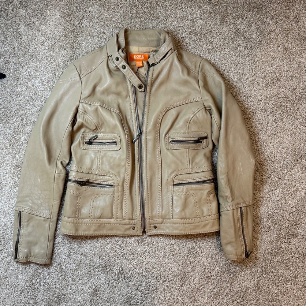 Michael Kors Leather Jacket Women L Tan Beige Vintage Y2K Moto Biker Zip Pocket